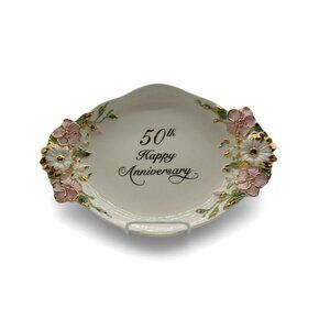 Vintage Italy Capodimonte Style 50th Happy Anniversary Plate Tray